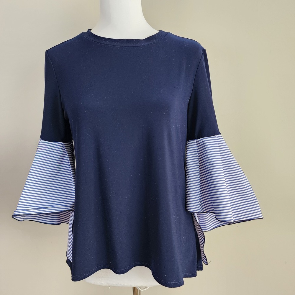 Joseph Ribcoff Shirt Womens 2 Navy Ruffle Sleeve Top French Style Paris Elegant